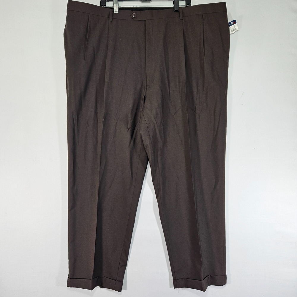 Austin Reed Men's Dress Pant Trousers Flex Pleated Cuffed Brown Poly Wool 50x32‎